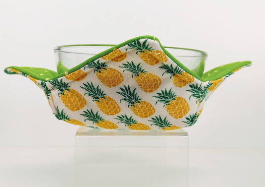 Bowl Cozy Microwave Safe Cotton Hot Soup Bowl Pot Holder in a Reversible Yellow Tropical Pineapple and Green and White Fabric Print