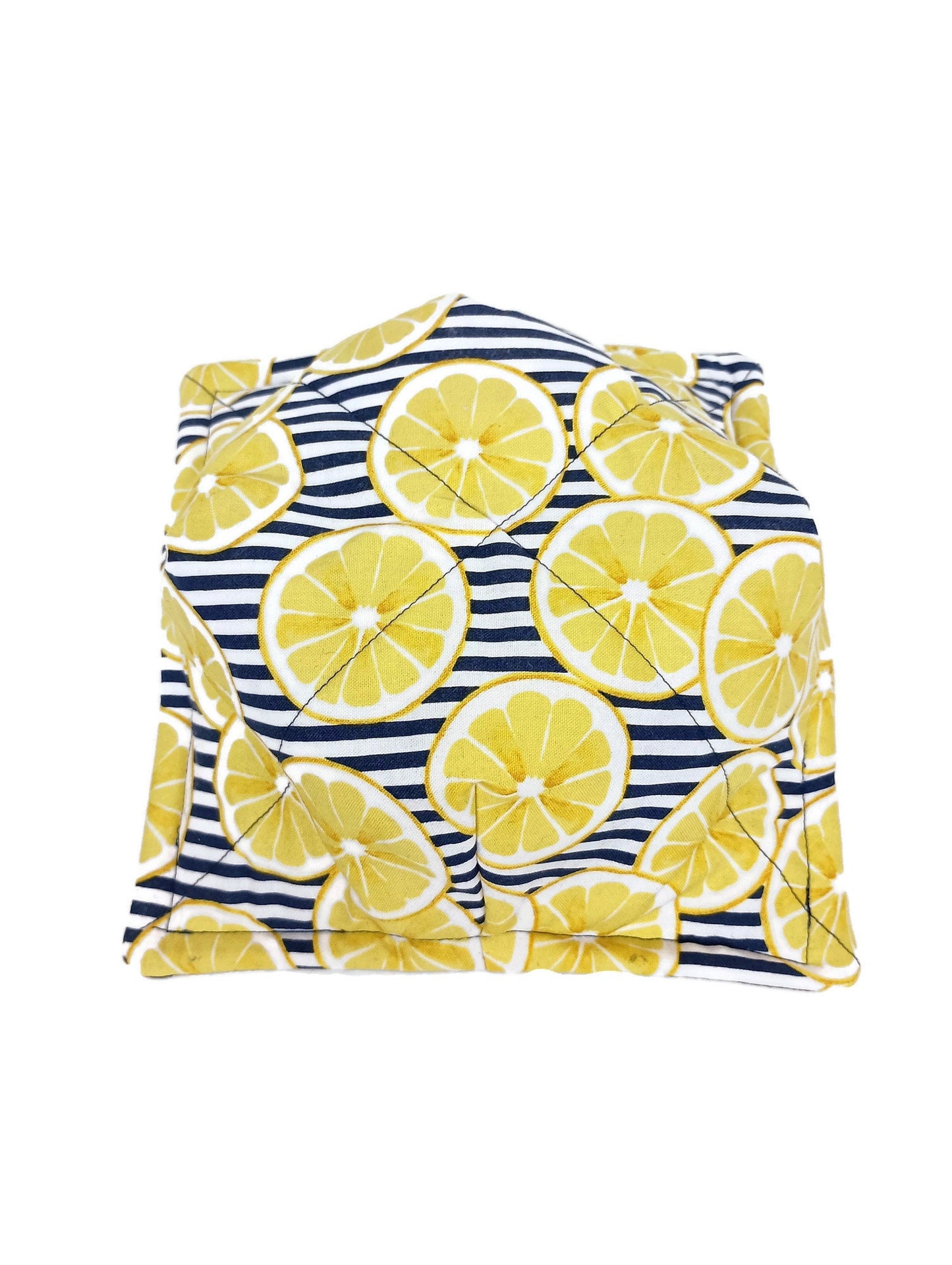 Bowl Cozy Microwave Safe Cotton Soup Hot Bowl Pot Holder in a Blue Lemon and Solid Navy Blue Fabric Print