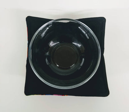 Bowl Cozy Microwave Safe Cotton Soup Hot Bowl Pot Holder in a Fuzzy Black Cat and Solid Black Fabric Print