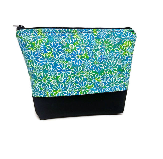 Green and Blue Flowers zippered cosmetic, make up, travel bag