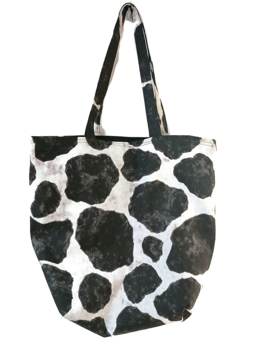 Tote Bag, Reusable Bag, Shopper Bag, Grocery Bag in a Cow Hide Cotton Canvas Fabric