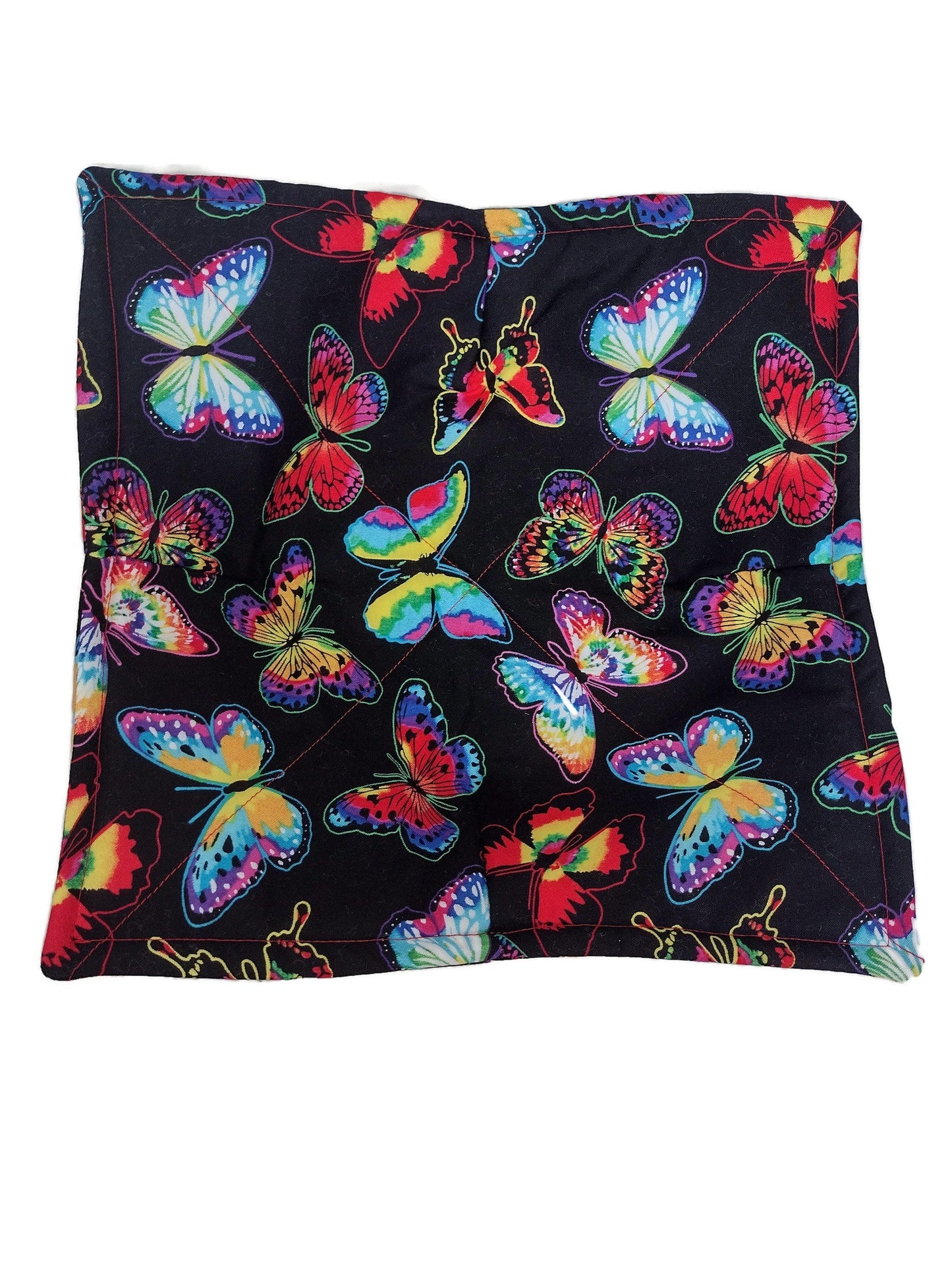 Microwavable Plate Cozy in a Red Tie Dye Butterfly Fabric print, Reversible and Washable