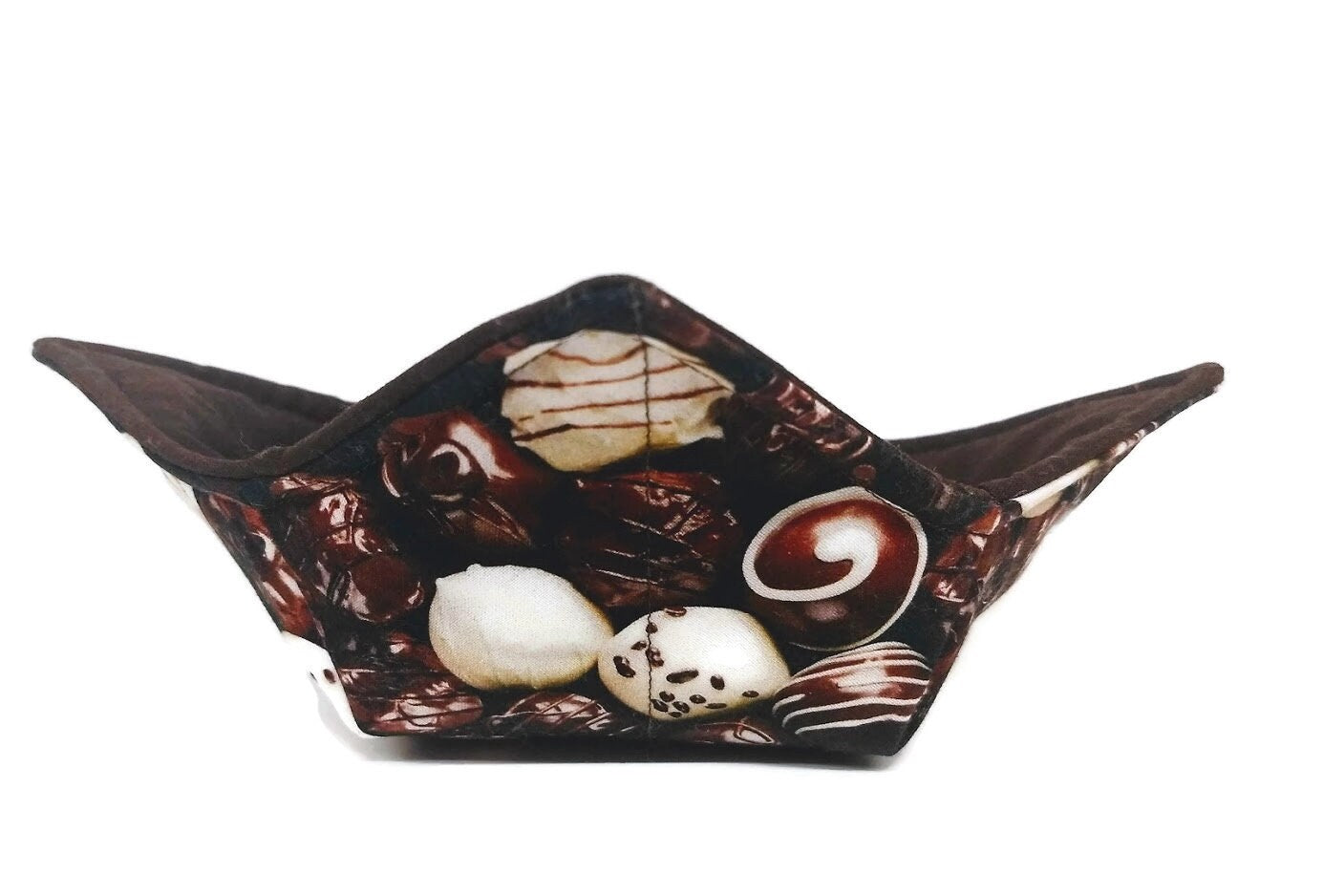 Bowl Cozy Microwave Safe Cotton Soup Hot Bowl Pot Holder in a Chocolate Truffle and Solid Brown Fabric Print