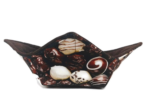 Bowl Cozy Microwave Safe Cotton Soup Hot Bowl Pot Holder in a Chocolate Truffle and Solid Brown Fabric Print