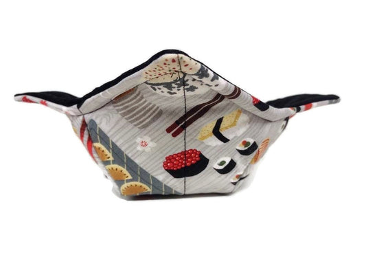 Bowl cozy, Microwave Safe Cotton Hot Soup Bowl Pot Holder, Sushi Lovers Gift, House Warming Gift in a Sushi Noodle and Chopstick Fabric