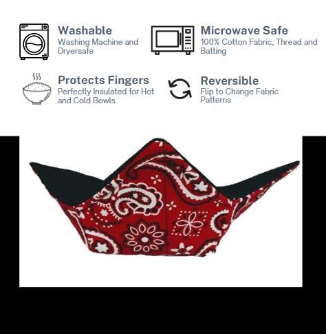 Bowl Cozy Microwave Safe Cotton Soup Hot Bowl Pot Holder in a Red Bandana and Solid Black Fabric Print