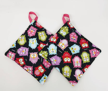 Pot holder for kitchen Pot Holder Set Oven Hot Pad Pot Holder for Cooking or Baking in a Black Owl and Pink Leopard Fabric Print