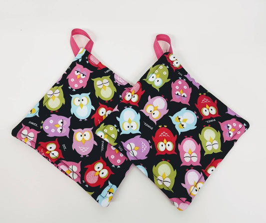 Pot holder for kitchen Pot Holder Set Oven Hot Pad Pot Holder for Cooking or Baking in a Black Owl and Pink Leopard Fabric Print